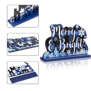 4 Pcs Blue Christmas Table Decor Signs Christmas Table Centerpieces Joy Sign Wooden Christmas Decorations for Winter Snow Happy Holiday Xmas Buffalo Plaid Dinner Tier Tray Coffee