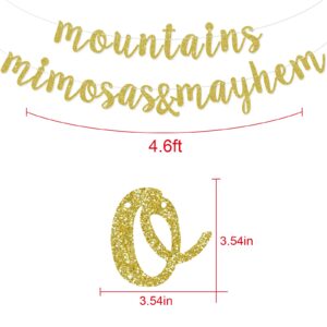 Mountains, Mimosas and Mayhem Banner, Cabin Bachelorette Party Decorations Supplies, Camping Bridal Shower Bunting Garland, Pre-Strung, Gold Glitter