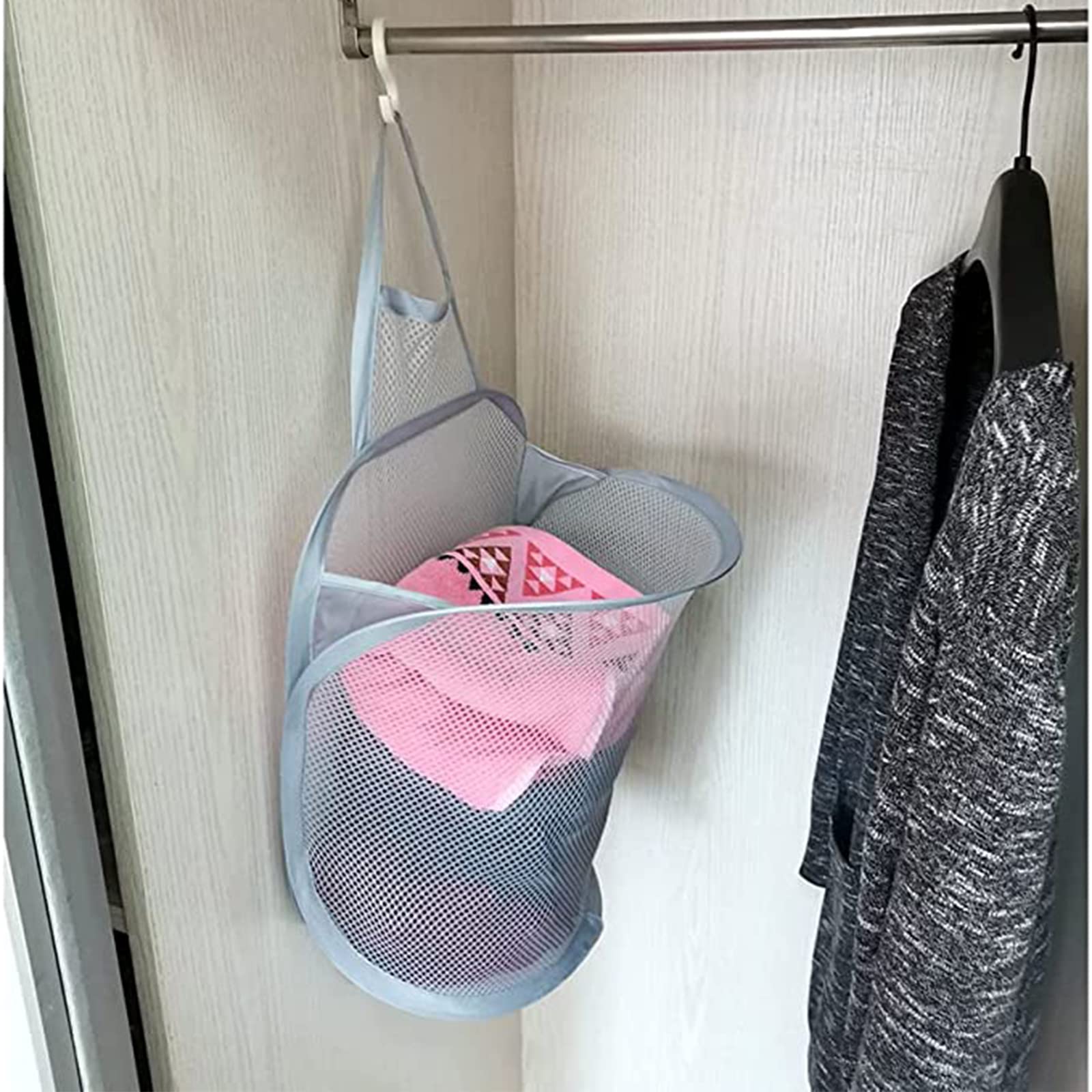 ATCYMI Hanging Laundry Hamper 2 Pack Mesh Laundry Basket Foldable Hamper Collapsible Dirty Clothes Hamper Wall Mounted Storage Bag (Gray)