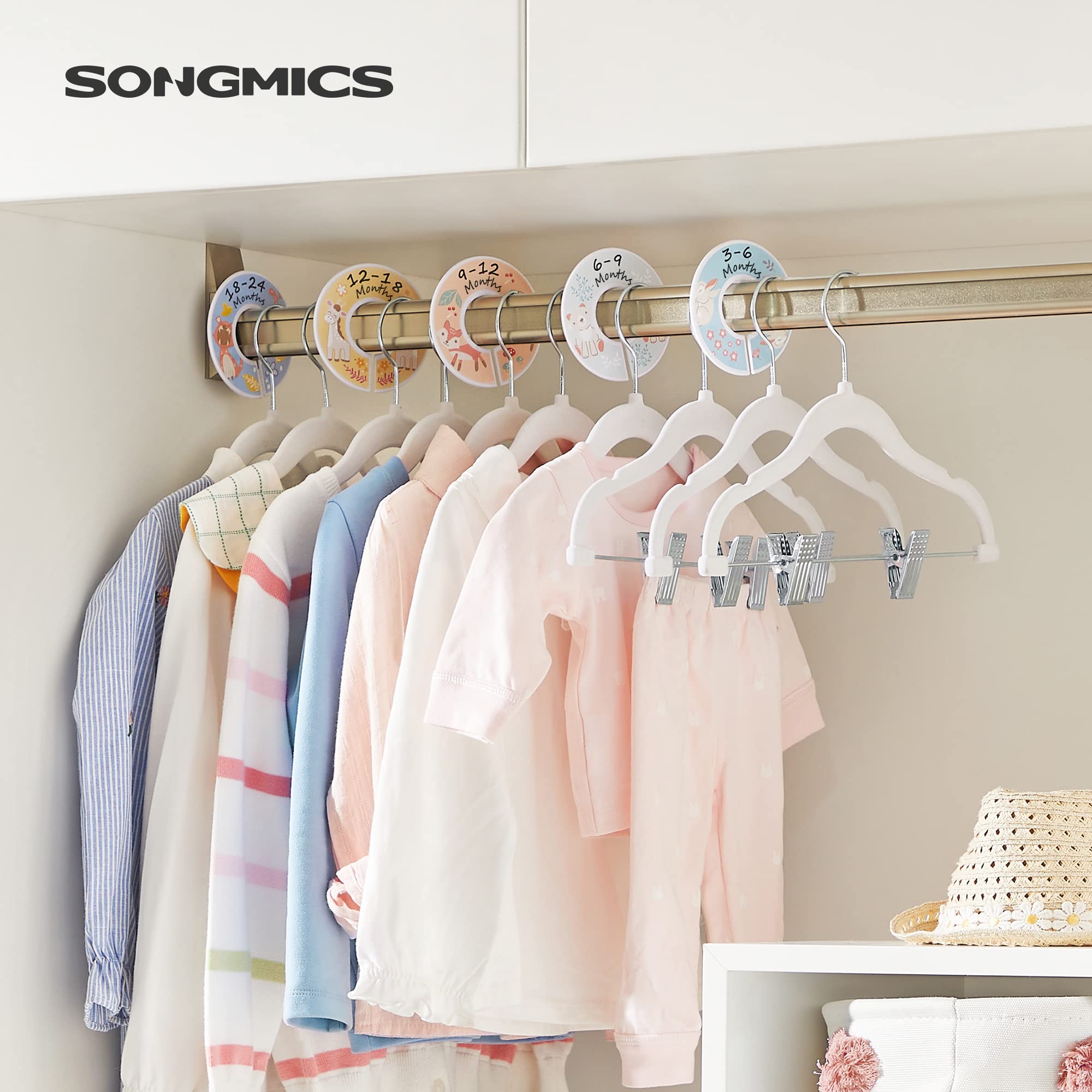 SONGMICS Baby Hangers, 30 Packs Pants Hangers with Clips, Kids Hangers with 6 Clothes Dividers, Non-Slip Children’s Clothes Hangers, Pants Hangers, White UCRF013W30