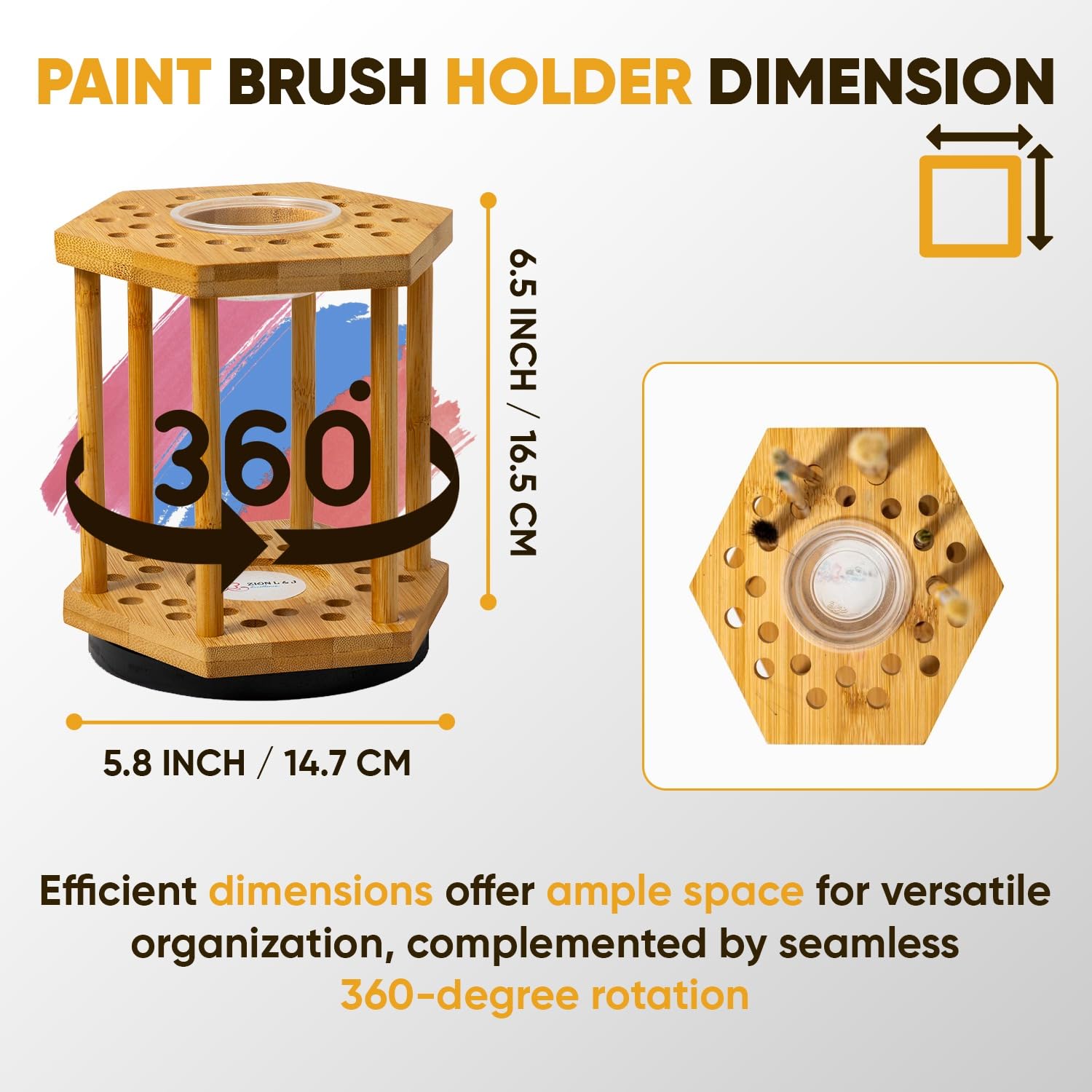 ZION L&J Rotating Paint Brush Organizer Spins 360 Degrees - Holds 24 Brushes - Bamboo Wooden Hexagonal Design Paint Brush Storage with 1 Centre Hole, Paint Brush Holder for Artist Desk, Arts & Crafts