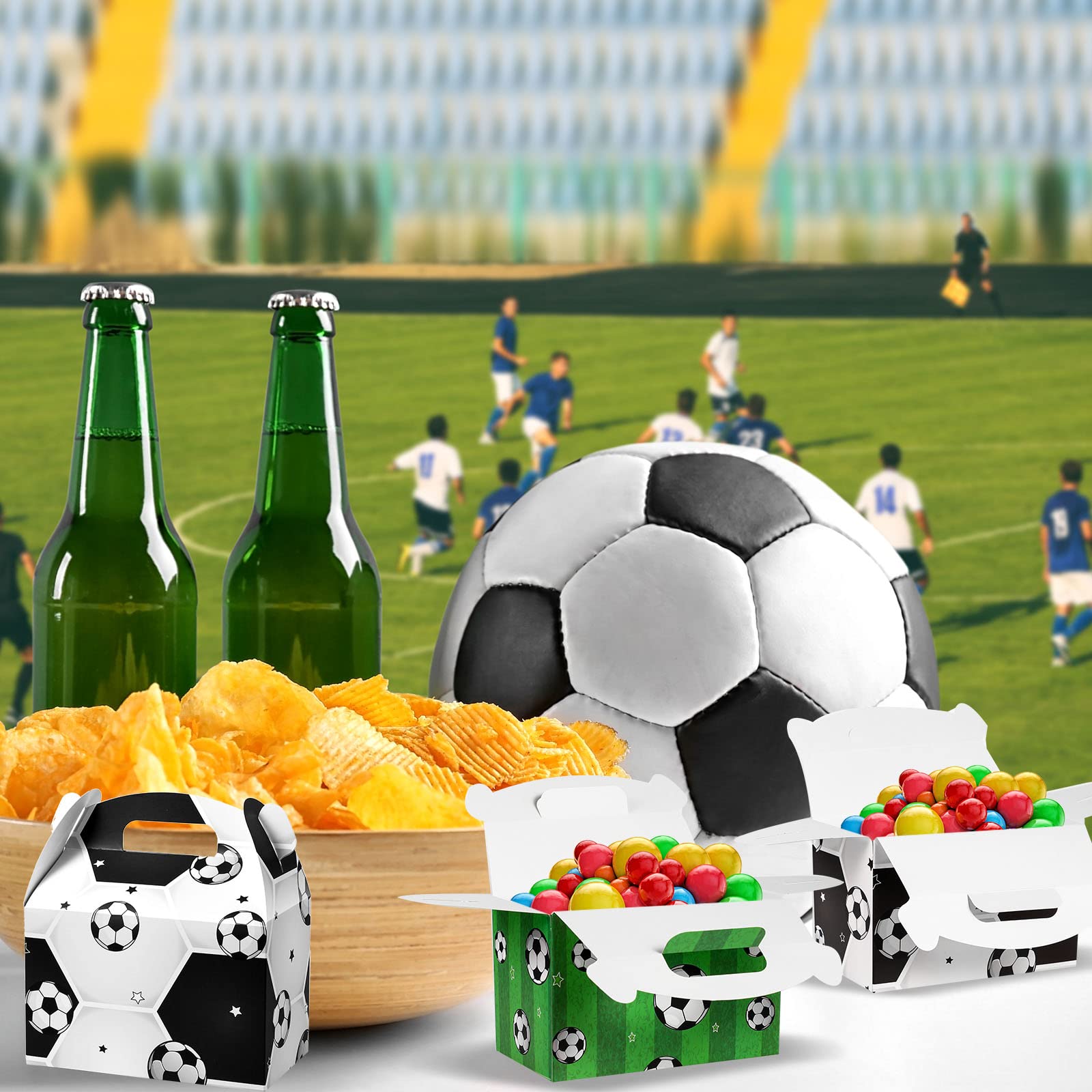 Outus 16 Pack Soccer Treat Boxes Soccer Candy Bags Soccer Party Favor Bags Goodie Boxes Paper Gift Boxes with Handle Birthday Party Favor Boxes Cookie Boxes, 6 x 6 x 3.5 Inch