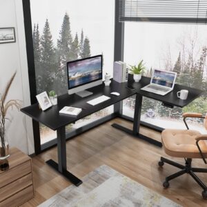 FLEXISPOT L Shaped Standing Desk 71 x 48 Inch Dual Motor Computer Electric Corner Desk Sit Stand Up Desk Height Adjustable Desk Home Office Table with Splice Board, Black