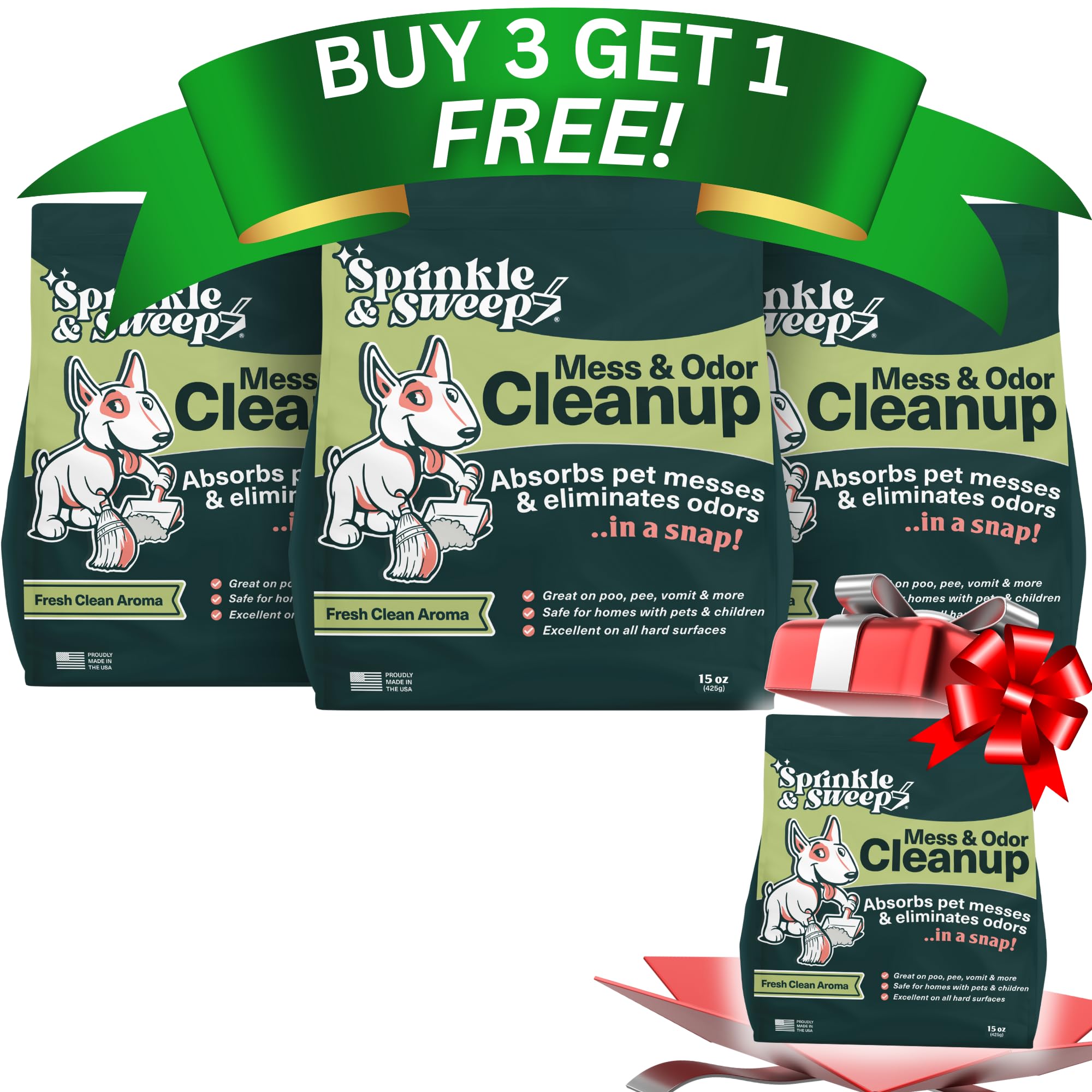 Sprinkle & Sweep Pet Accident Cleanup for all Hard Surface - Non Toxic Quick Pet Mess Cleaner & Odor Remover for Urine, Poop, Vomit, Diarrhea & Potty Training 4 Pack (15oz Each)