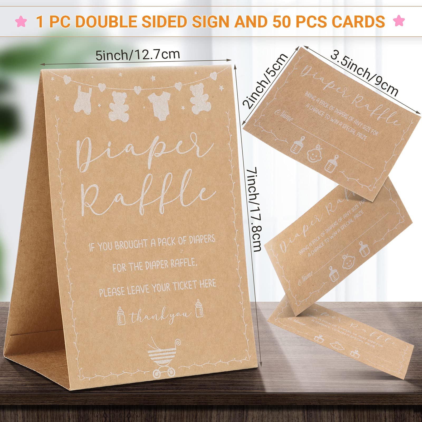 50 Pieces Diaper Raffle Tickets and 1 Sign Baby Shower Games Baby Shower Invitations with Diaper Raffle Cards Kraft Paper Baby Gender Neutral Tickets for Baby Shower Party Favor Decorations Supplies