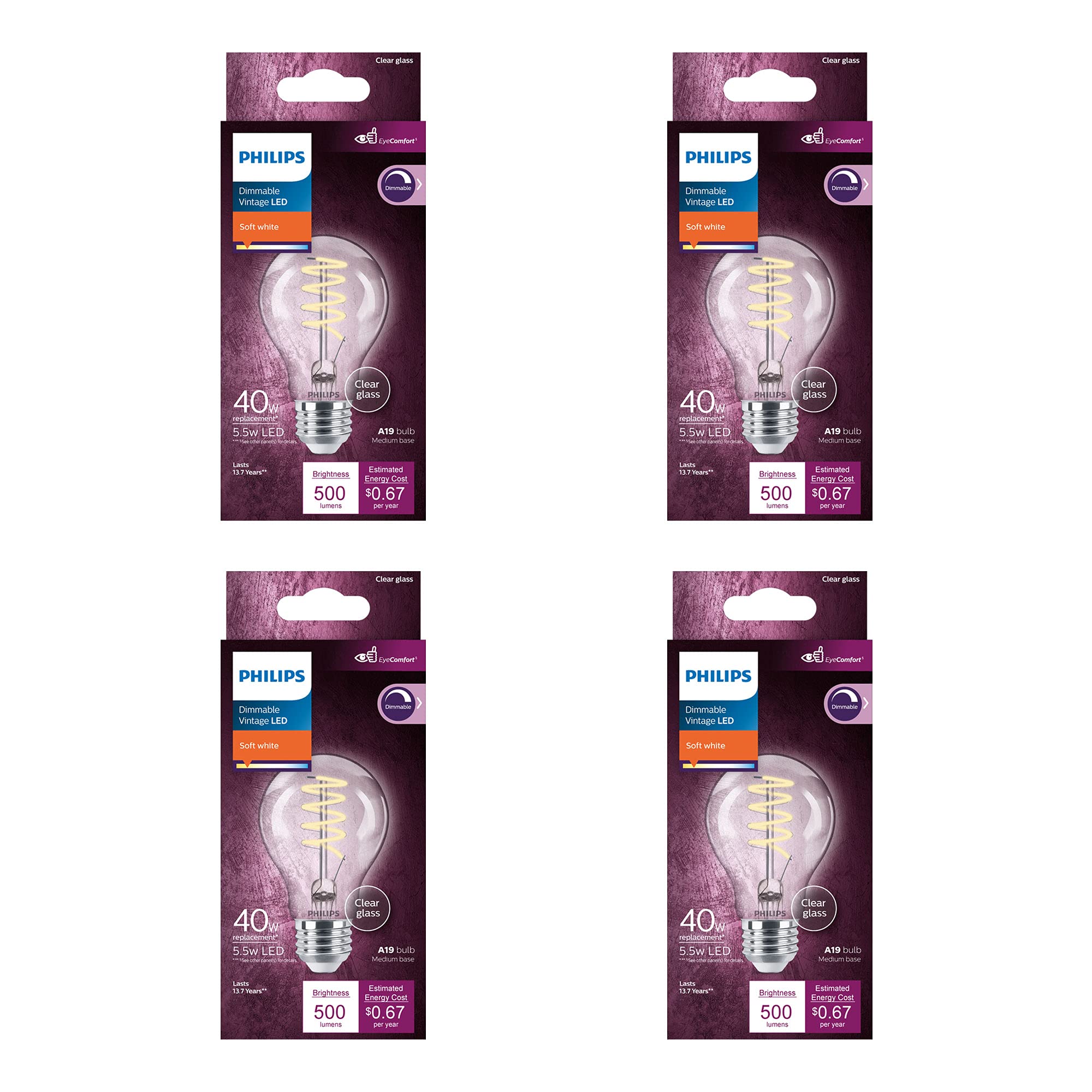 PHILIPS LED Vintage Flicker-Free Clear Spiral A19, Dimmable, Eyecomfort Technology, 500 Lumen, Soft White(2700K), 5.5W=40W, Title 20 Certified, E26 Base, 4-Pack, (565788)