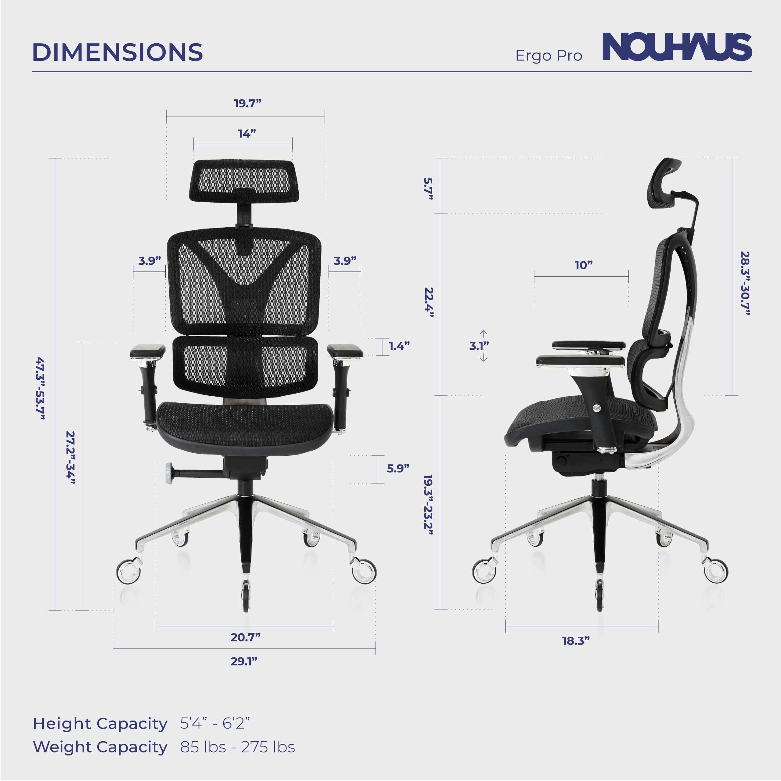 Nouhaus Ergonomic Office Chair Lumbar Support Aluminum Alloy Backrest, High Back Mesh Computer Desk Chair with Adjustable Headrest, 4D Armrest and Premium Wheels(ErgoPRO,Black)