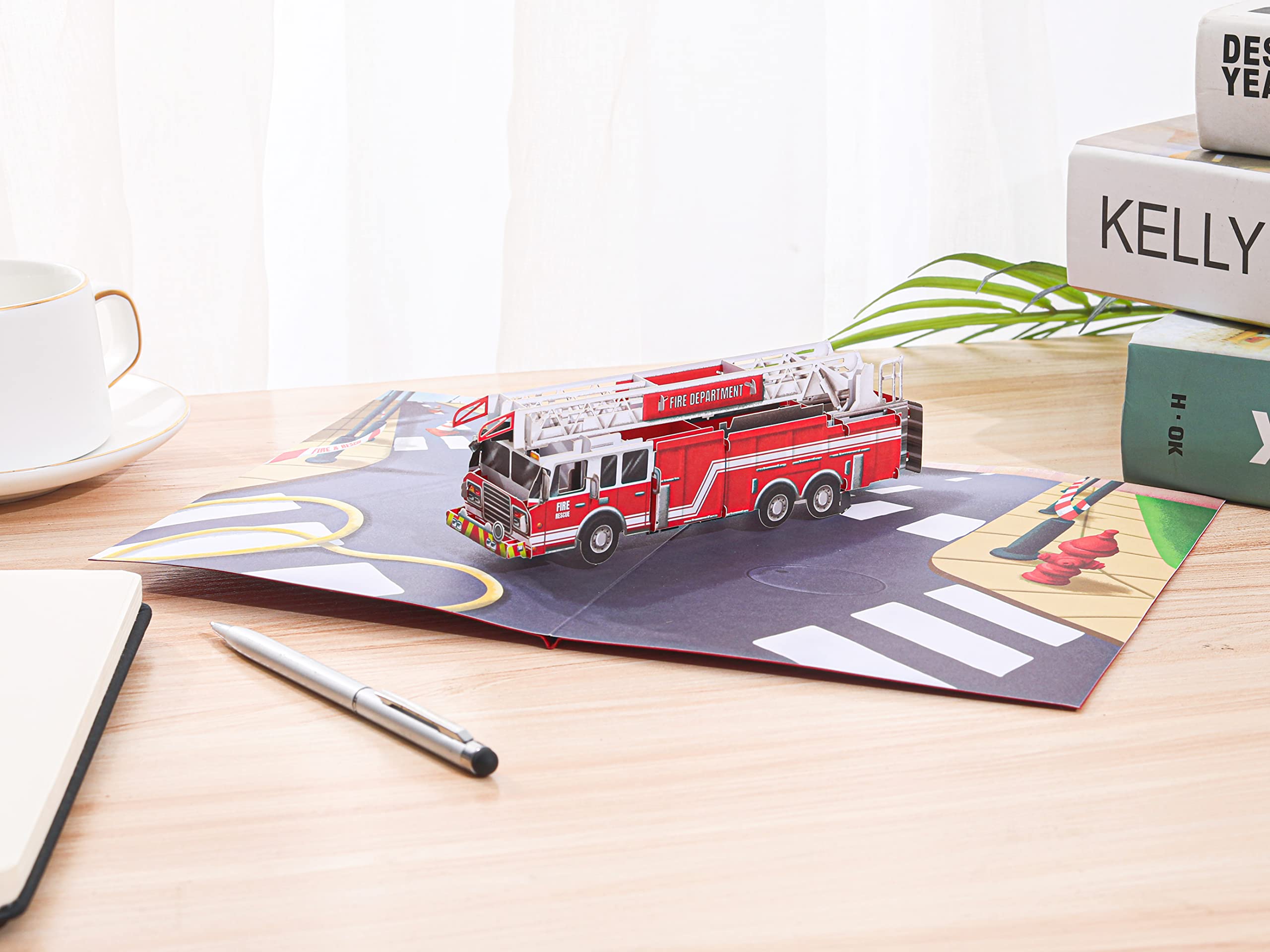 Liif Fire Truck 3D Greeting Pop Up Card, Birthday Card For Kids, Firemen, Men, DAD, Son, Boy, Retirement, Firefighter, Thank You | With Message Note & Envelop