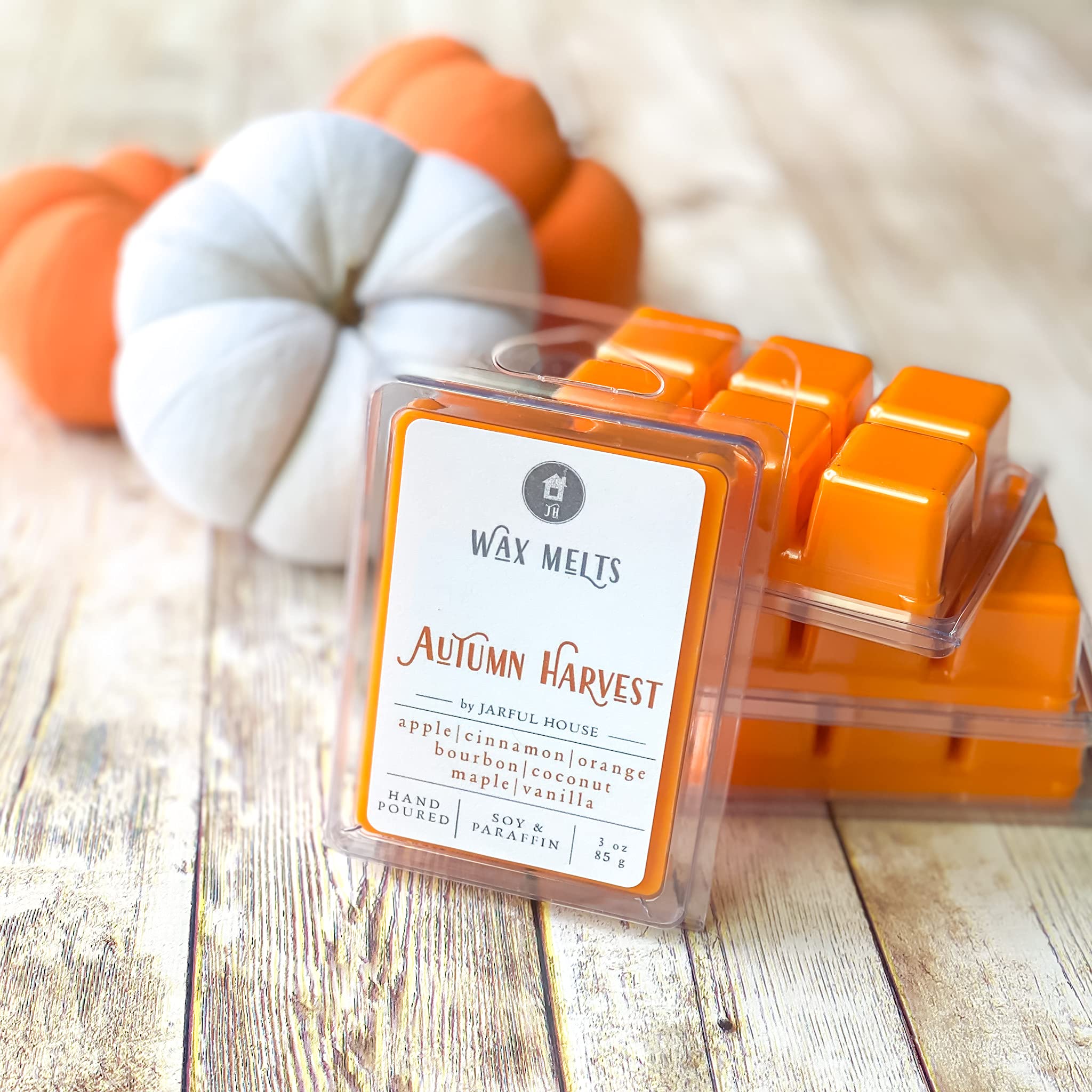 Jarful House Strong Scented Wax Melts Autumn Harvest, Natural Coconut Wax Tarts Cubes Apple Cinnamon Orange Bourbon Maple, Stocking Stuffer Gift