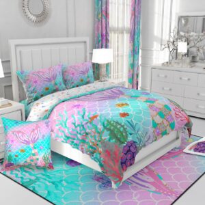 Erosebridal Twin Comforter Set for Girls, Mermaid Twin Bedding Sets for Girls Kids Toddler Ocean Fish Scales Quilt Rainbow Bedding Coastal Nautical Sea Animal Duvet Insert Teal Pastel Pink Room Decor