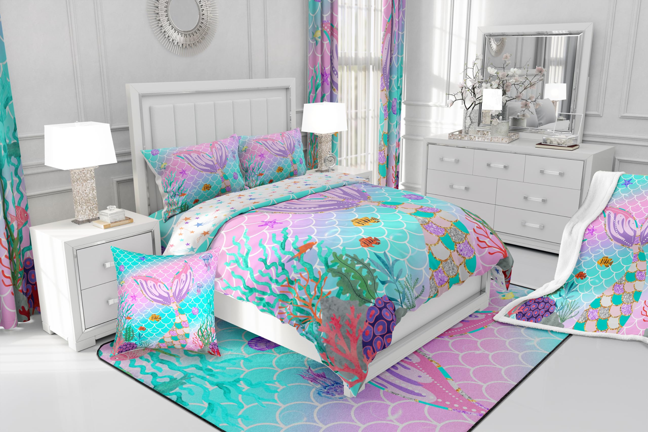 Erosebridal Twin Comforter Set for Girls, Mermaid Twin Bedding Sets for Girls Kids Toddler Ocean Fish Scales Quilt Rainbow Bedding Coastal Nautical Sea Animal Duvet Insert Teal Pastel Pink Room Decor