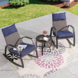 PatioFestival Patio Bistro Set 3 Pieces Outdoor Furniture Cushioned Rocking Chairs with Side Table Pillow All Weather Frame, Blue