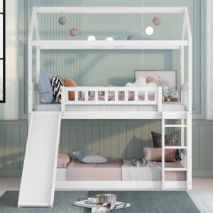 House Bunk Beds with Slide Twin Over Twin Floor Bunk Bed Frame Wood Playhouse Bunkbed with Storage for Kids Toddlers Girls/Boys, White