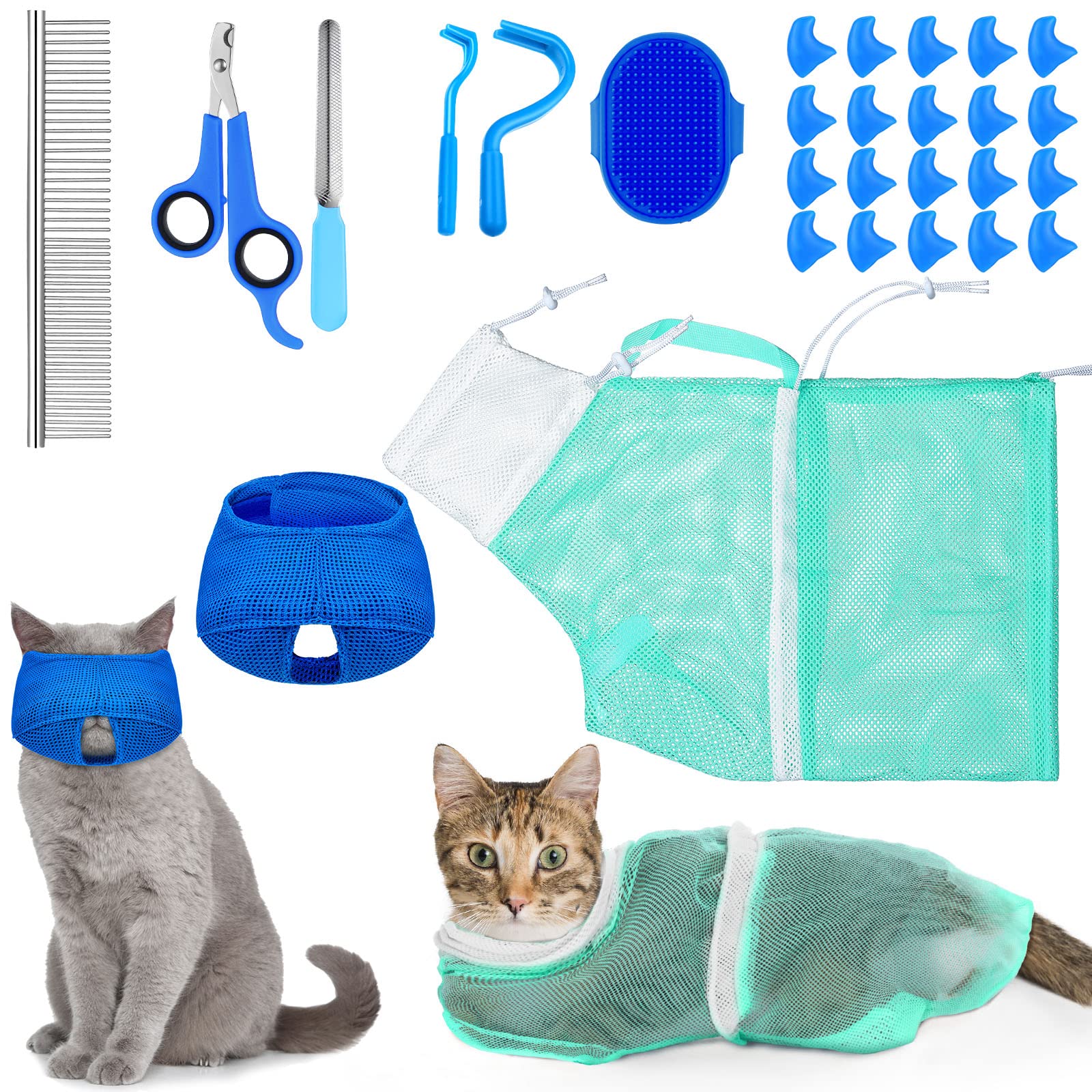 9 Pieces Cat Bathing Bag Set Cat Shower Bag Anti Bite and Anti Scratch Cat Grooming Bag for Pet Washing Brush Comb, Cat Muzzle, Nail Clipper, Nail File, Tick Tool (Blue, Turquoise)