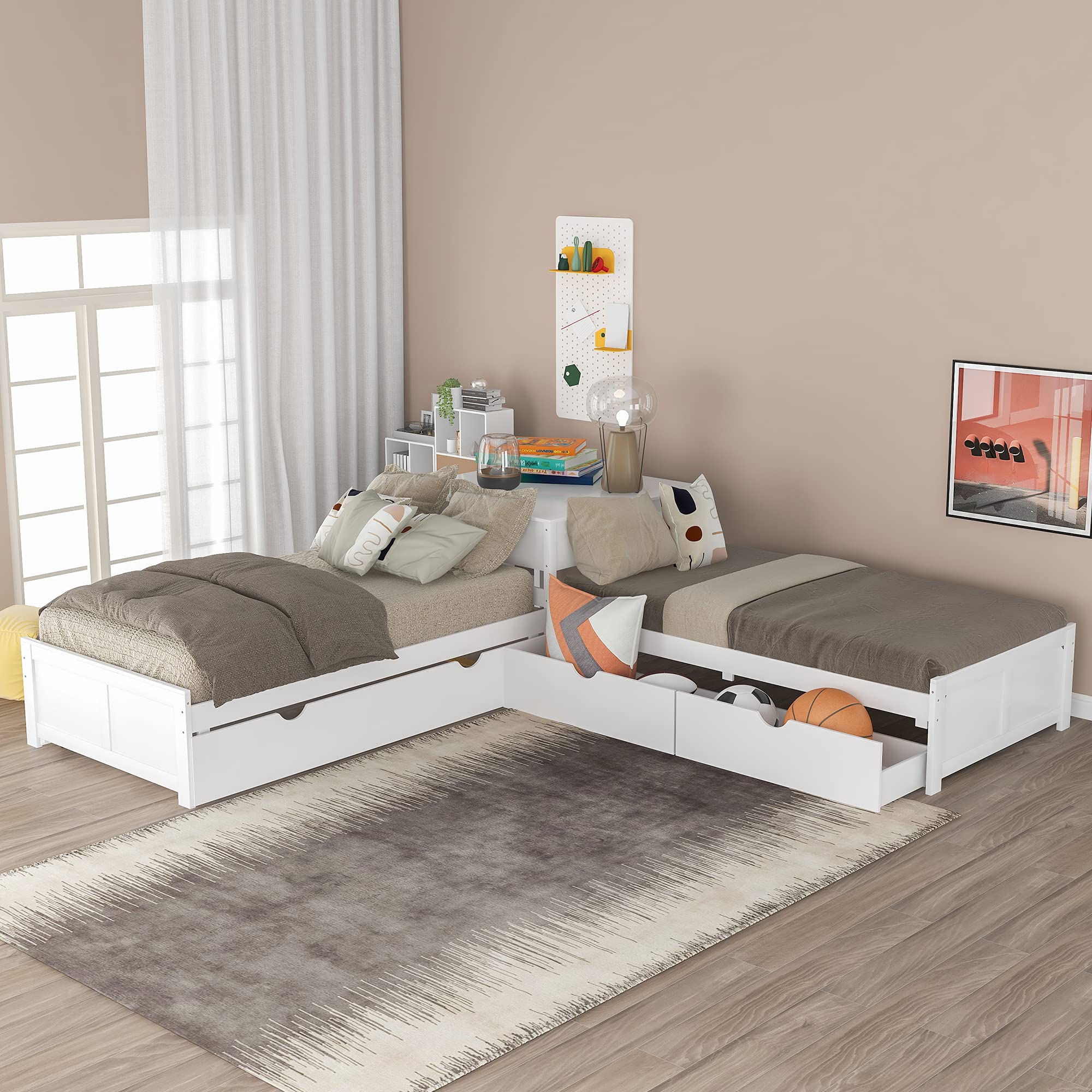 L-Shaped Twin Platform Bed Frame with Trundle and 2 Storage Drawers, Corner Wood Twin Platform Bed Frame Linked with Built-in Table for Kids Boys Girls Teens Adults, No Box Spring Need, White