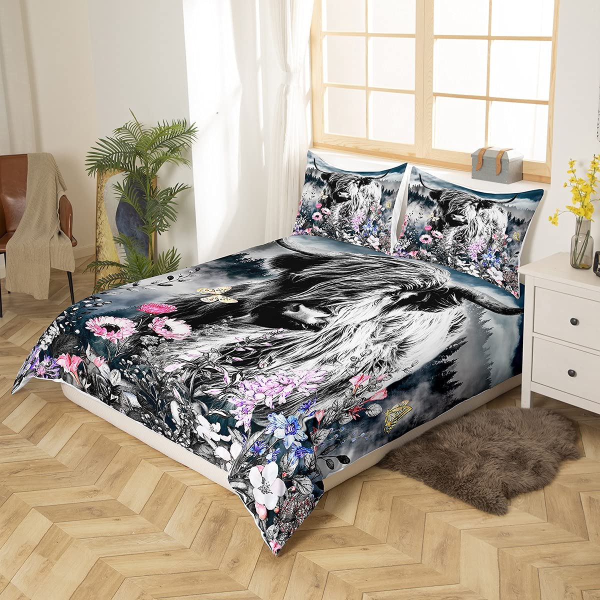 Erosebridal Highland Cow Flower Comforter Cover King Size Bull Cattle Bedding Set Western Funny Animal Duvet Cover Wildlife Farmhouse Cow Bed Set Arrow Folk Style Retro Print Bedroom Decor