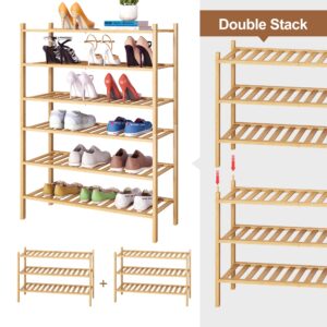 FILWH Bamboo Shoe Rack Stackable Shoe Shelf Storage Organizer for Unit Entryway Hallway and Closet Sturdy Freestanding Shoe Shelf(6 Tier Natural)