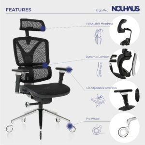 Nouhaus Ergonomic Office Chair Lumbar Support Aluminum Alloy Backrest, High Back Mesh Computer Desk Chair with Adjustable Headrest, 4D Armrest and Premium Wheels(ErgoPRO,Black)