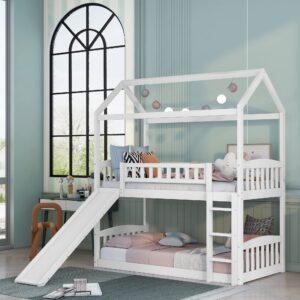 house bunk beds with slide twin over twin floor bunk bed frame wood playhouse bunkbed with storage for kids toddlers girls/boys, white