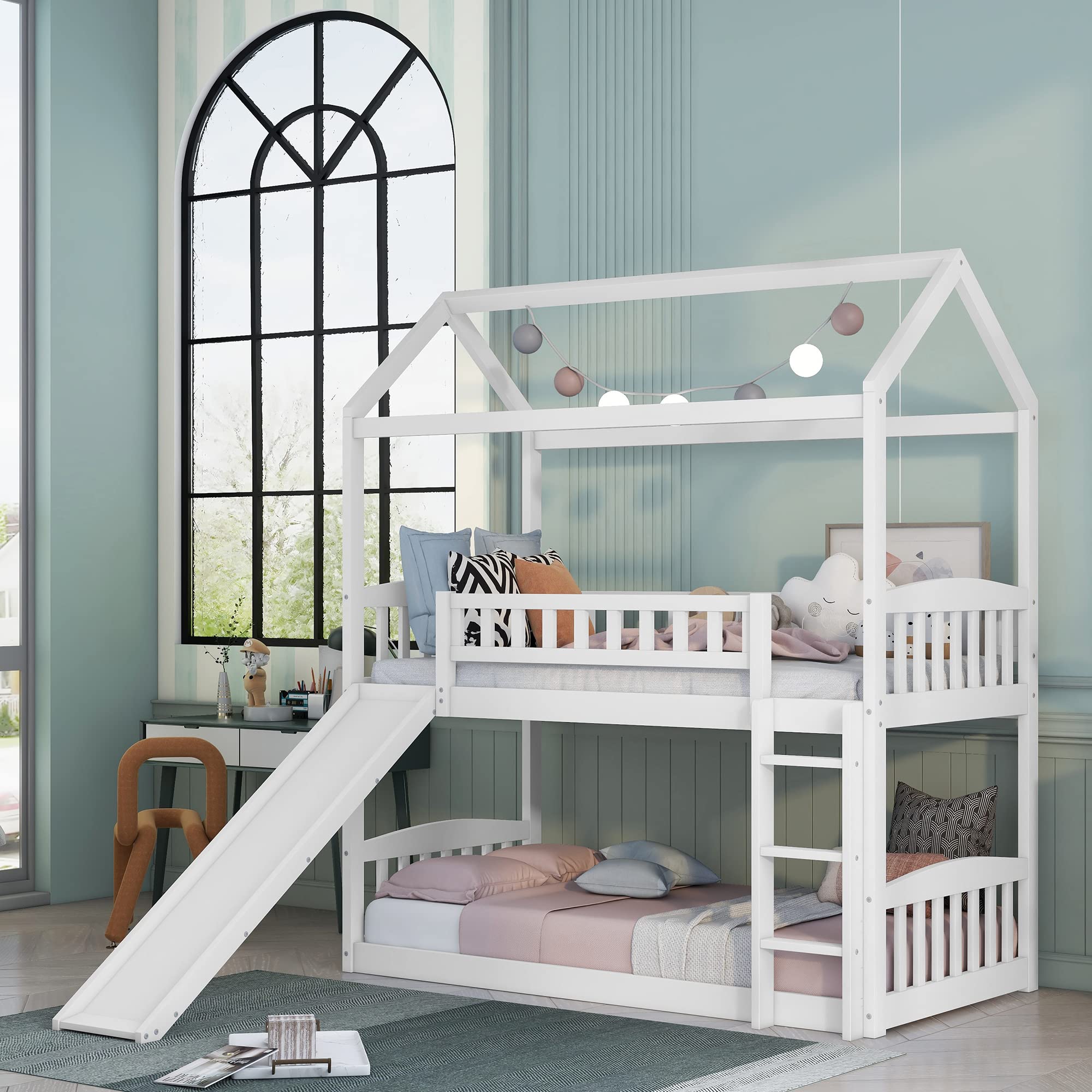 House Bunk Beds with Slide Twin Over Twin Floor Bunk Bed Frame Wood Playhouse Bunkbed with Storage for Kids Toddlers Girls/Boys, White