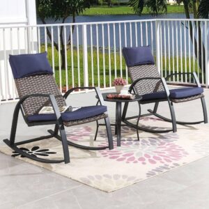 PatioFestival Patio Bistro Set 3 Pieces Outdoor Furniture Cushioned Rocking Chairs with Side Table Pillow All Weather Frame, Blue