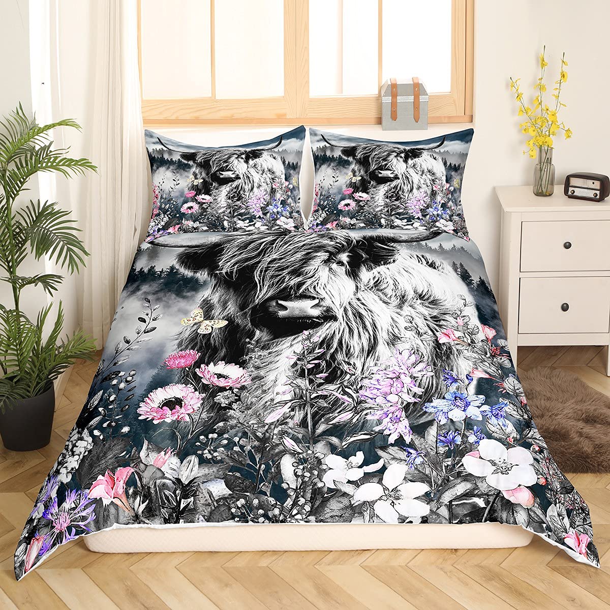 Erosebridal Highland Cow Flower Comforter Cover King Size Bull Cattle Bedding Set Western Funny Animal Duvet Cover Wildlife Farmhouse Cow Bed Set Arrow Folk Style Retro Print Bedroom Decor