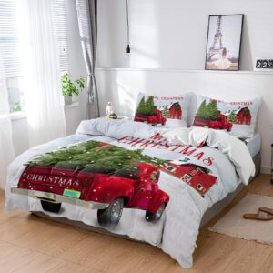 4 pieces bedding sets vintage farm truck and red barn california king duvet covers with soft flat comforter cover sheet bedspread pillowcases for bedroom green christmas trees in snowy winter