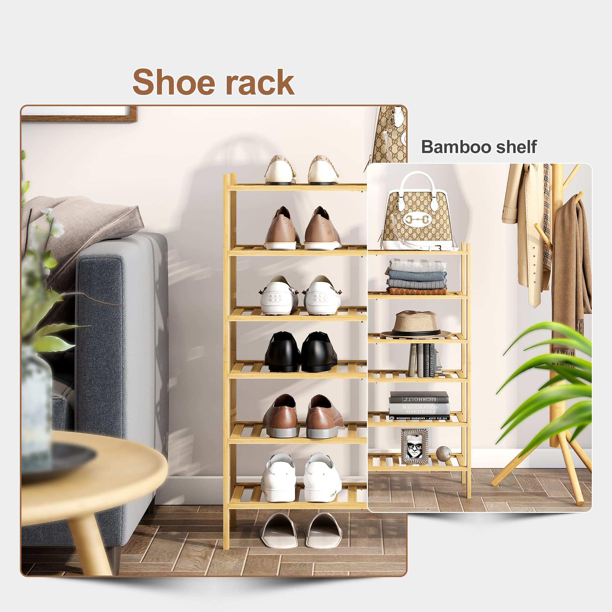 FILWH Bamboo Shoe Rack Stackable Shoe Shelf Storage Organizer for Unit Entryway Hallway and Closet Sturdy Freestanding Shoe Shelf(6 Tier Natural)