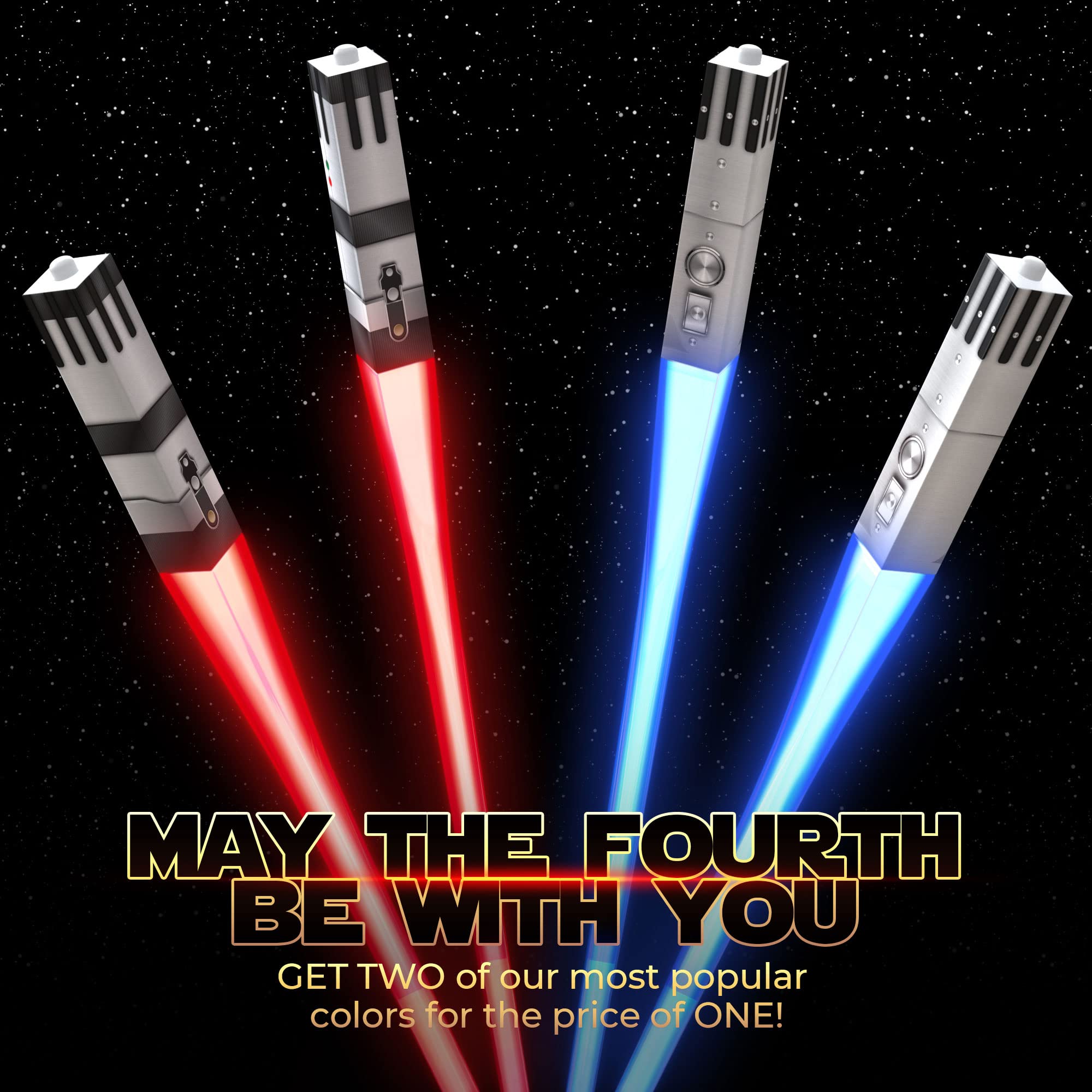 SaberChops Lightsaber Chopsticks Star Wars Gifts LED Light Up Reusable Light Saber Removable Handle Dishwasher Safe Red & Blue 2 PAIRS & FREE Millennium Falcon Keychain Bottle Opener,Red & Blue