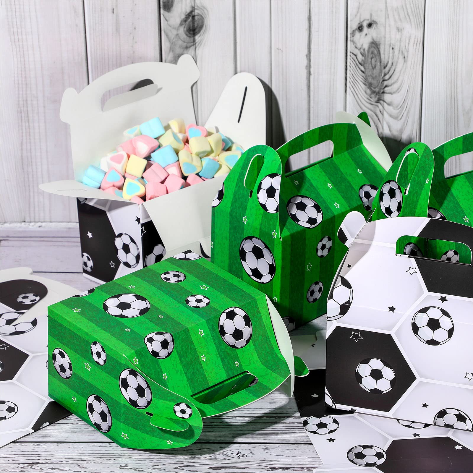 Outus 16 Pack Soccer Treat Boxes Soccer Candy Bags Soccer Party Favor Bags Goodie Boxes Paper Gift Boxes with Handle Birthday Party Favor Boxes Cookie Boxes, 6 x 6 x 3.5 Inch