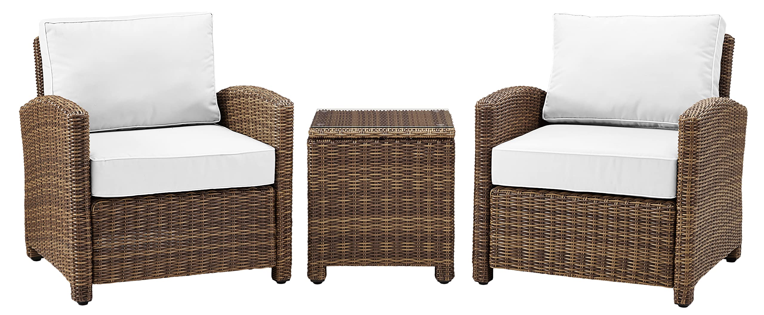 Crosley Furniture Bradenton 3-Piece Wicker Outdoor Chair Set with Side Table and Sunbrella Patio Cushions, Brown with Sunbrella Cushions