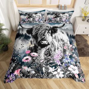 erosebridal highland cow flower comforter cover king size bull cattle bedding set western funny animal duvet cover wildlife farmhouse cow bed set arrow folk style retro print bedroom decor