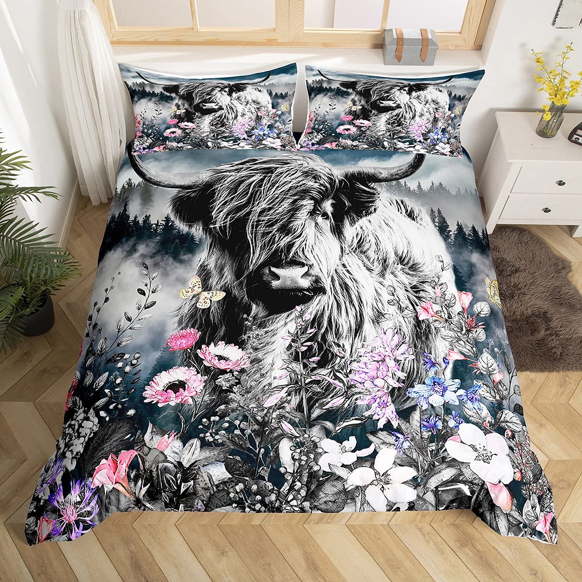 Erosebridal Highland Cow Flower Comforter Cover King Size Bull Cattle Bedding Set Western Funny Animal Duvet Cover Wildlife Farmhouse Cow Bed Set Arrow Folk Style Retro Print Bedroom Decor