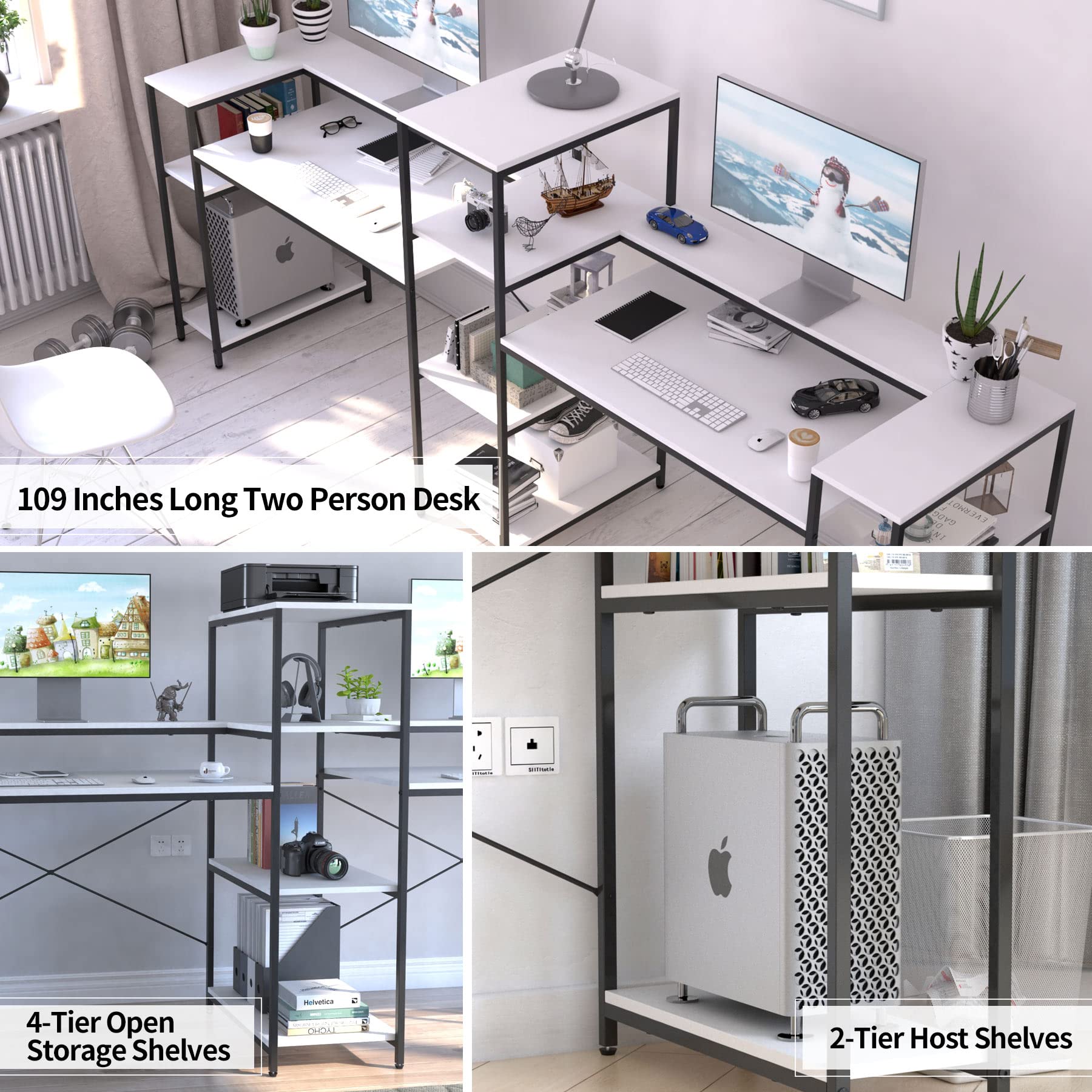 HYPIGO 109 Inches White Double Computer Desk, Extra Long Two Person Desk Workstation with Storage Shelves & Monitor Stand, Large Office Desk Study Writing Table for Home Office