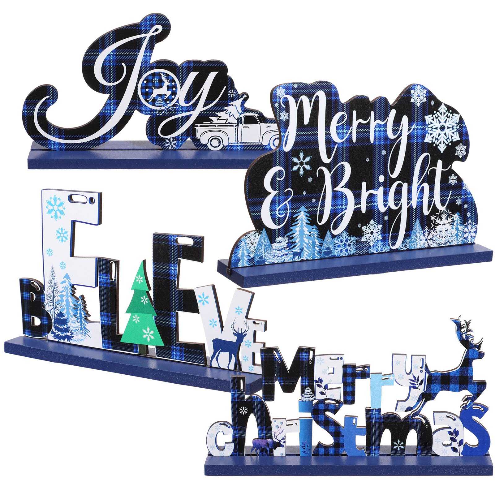 4 Pcs Blue Christmas Table Decor Signs Christmas Table Centerpieces Joy Sign Wooden Christmas Decorations for Winter Snow Happy Holiday Xmas Buffalo Plaid Dinner Tier Tray Coffee