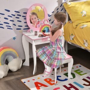 HONEY JOY Kids Vanity Set with Mirror, Wooden Princess Makeup Table and Stool Set, Detachable Mirror & Storage Drawer, Pretend Play Toddler Girl Vanity, Vanity for Little Girls (Unicorn White)