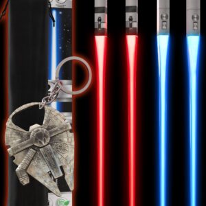 SaberChops Lightsaber Chopsticks Star Wars Gifts LED Light Up Reusable Light Saber Removable Handle Dishwasher Safe Red & Blue 2 PAIRS & FREE Millennium Falcon Keychain Bottle Opener,Red & Blue