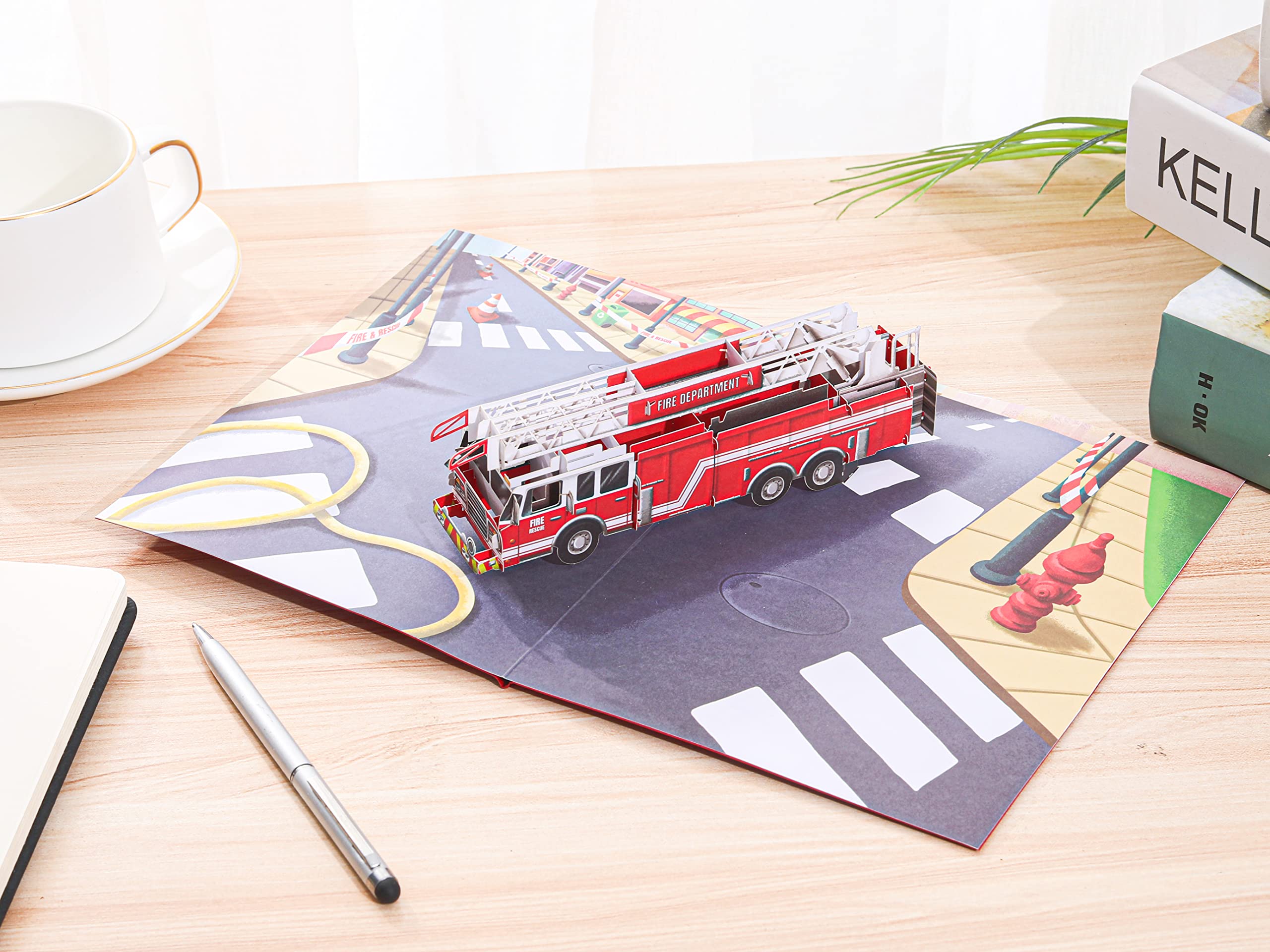 Liif Fire Truck 3D Greeting Pop Up Card, Birthday Card For Kids, Firemen, Men, DAD, Son, Boy, Retirement, Firefighter, Thank You | With Message Note & Envelop