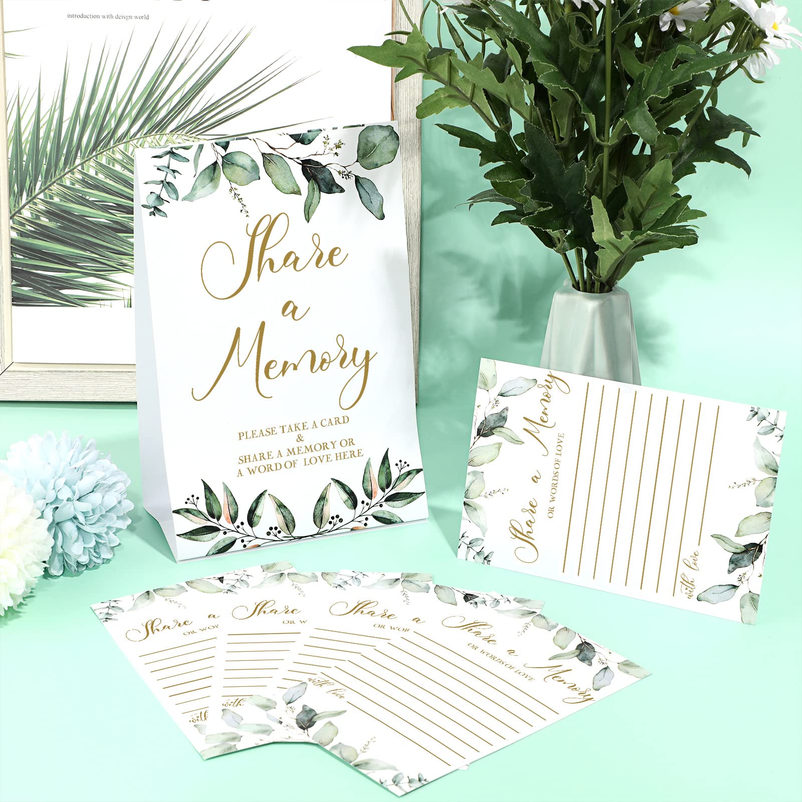 50 Pcs Share a Memory Cards and Greenery Place Cards Seating Place Cards Greenery Eucalyptus for Graduation, Wedding, Bridal Shower, Birthday Party, Celebration Anniversary, Funeral (Gold Font)