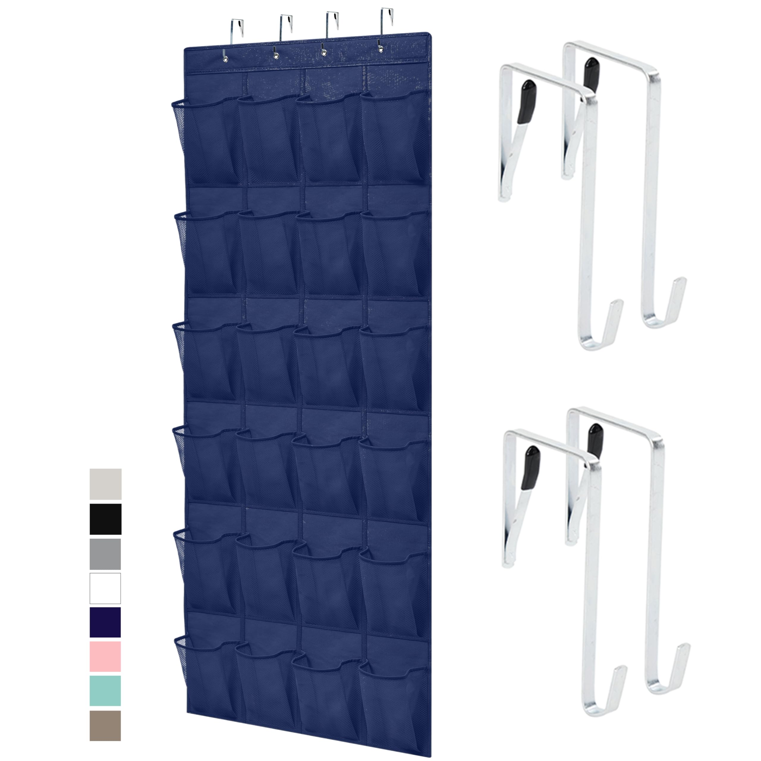 Gorilla Grip Over the Door Shoe Organizer, 24 Large Breathable Mesh Pockets, Space Saving Hanging Storage Holder, Closet Rack Hanger Holds Up to 40 lbs, Hangs on Closets for Shoes, Accessories, Navy