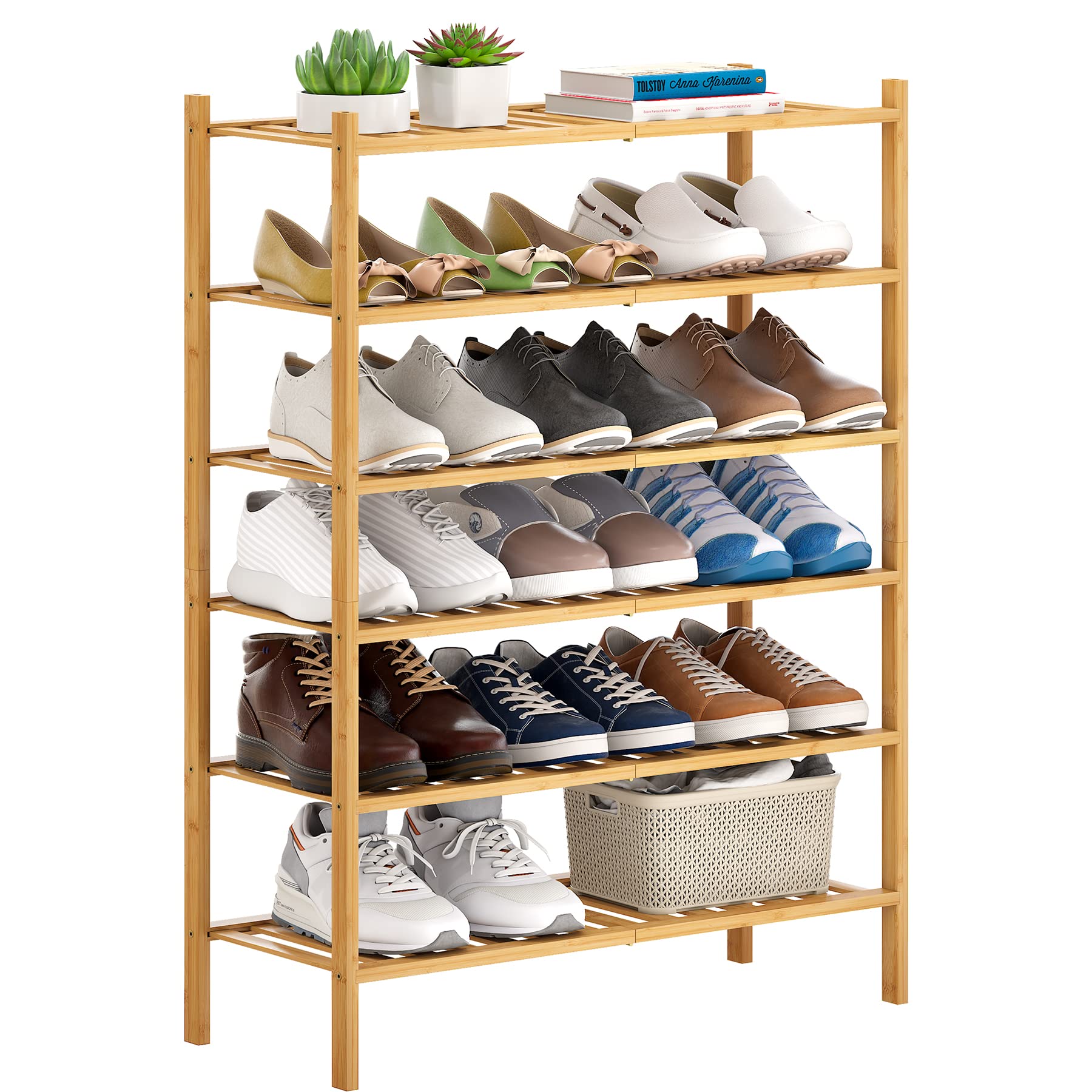 FILWH Bamboo Shoe Rack Stackable Shoe Shelf Storage Organizer for Unit Entryway Hallway and Closet Sturdy Freestanding Shoe Shelf(6 Tier Natural)