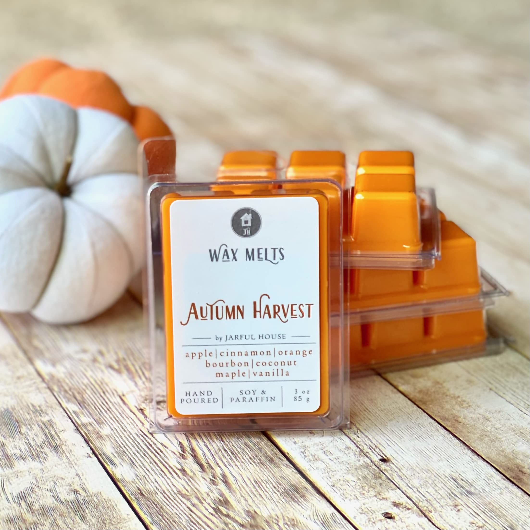 Jarful House Strong Scented Wax Melts Autumn Harvest, Natural Coconut Wax Tarts Cubes Apple Cinnamon Orange Bourbon Maple, Stocking Stuffer Gift