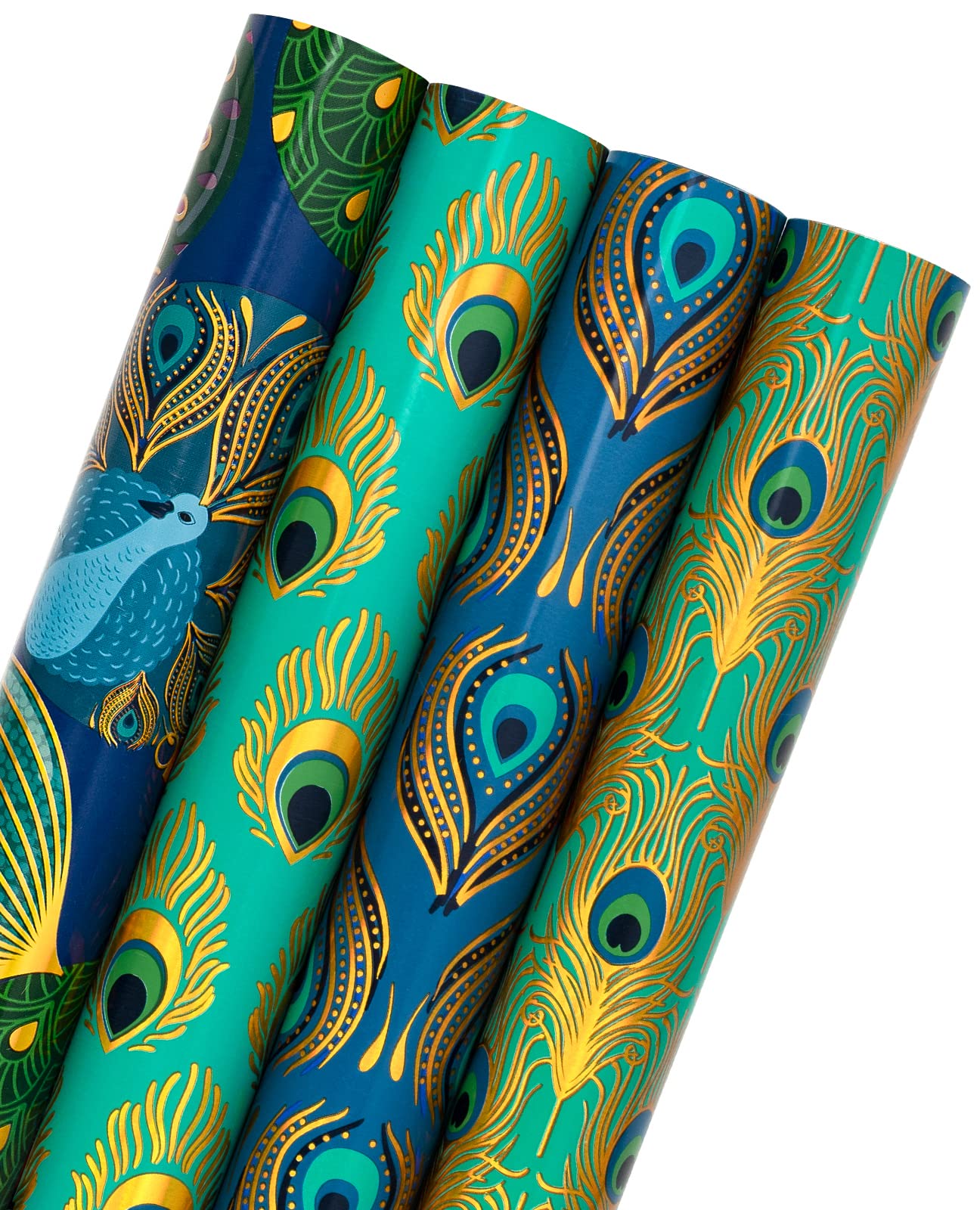 WRAPAHOLIC Peacock Christmas Wrapping Paper Roll - Green Peacock Elements Patterns with Metallic Foil Shine - 4 Rolls - 30 Inch x 120 Inch Per Roll