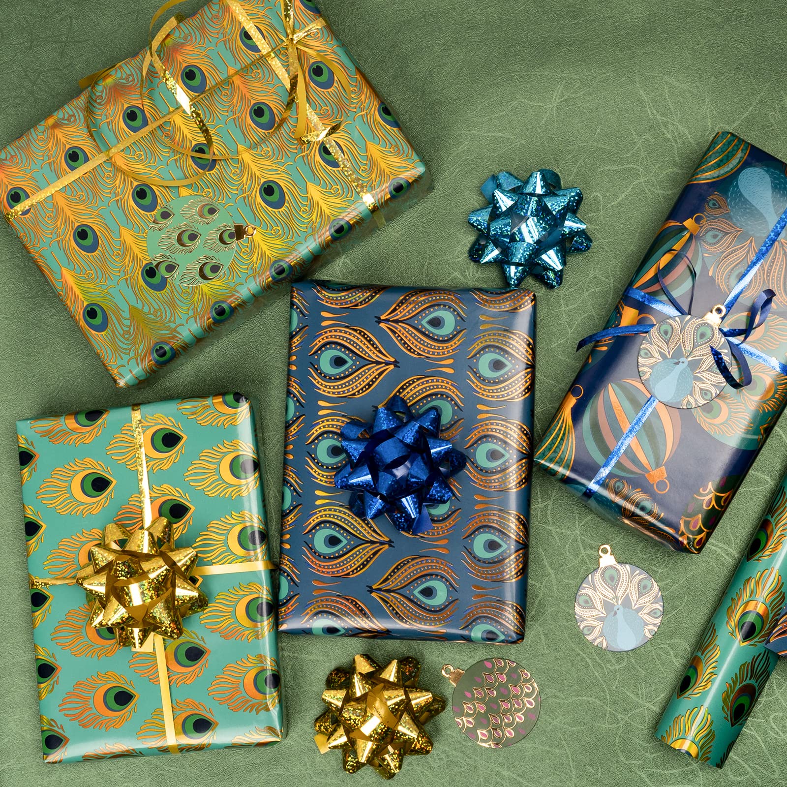 WRAPAHOLIC Peacock Christmas Wrapping Paper Roll - Green Peacock Elements Patterns with Metallic Foil Shine - 4 Rolls - 30 Inch x 120 Inch Per Roll