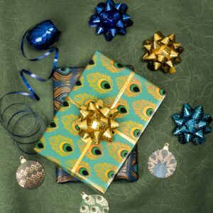 WRAPAHOLIC Peacock Christmas Wrapping Paper Roll - Green Peacock Elements Patterns with Metallic Foil Shine - 4 Rolls - 30 Inch x 120 Inch Per Roll