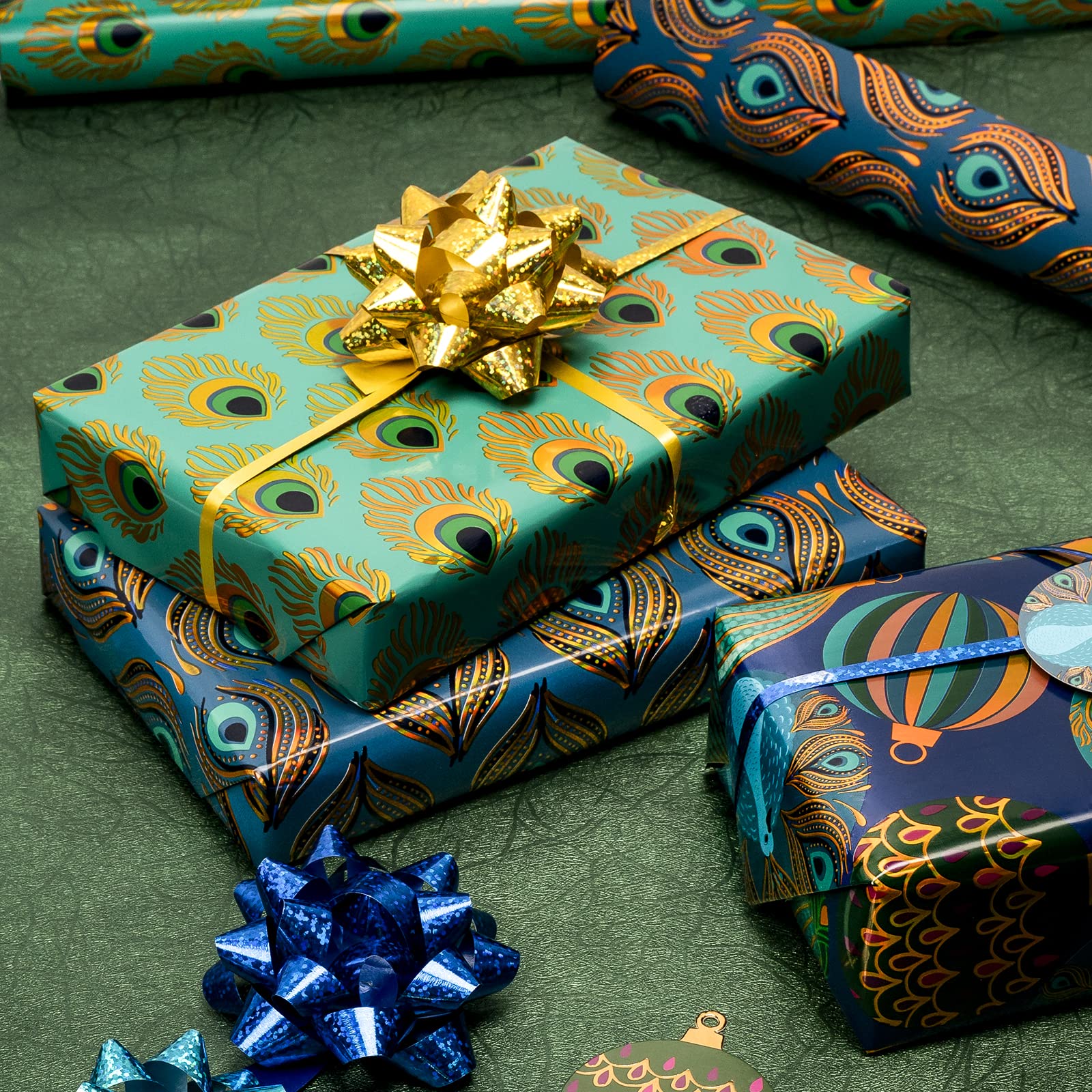 WRAPAHOLIC Peacock Christmas Wrapping Paper Roll - Green Peacock Elements Patterns with Metallic Foil Shine - 4 Rolls - 30 Inch x 120 Inch Per Roll