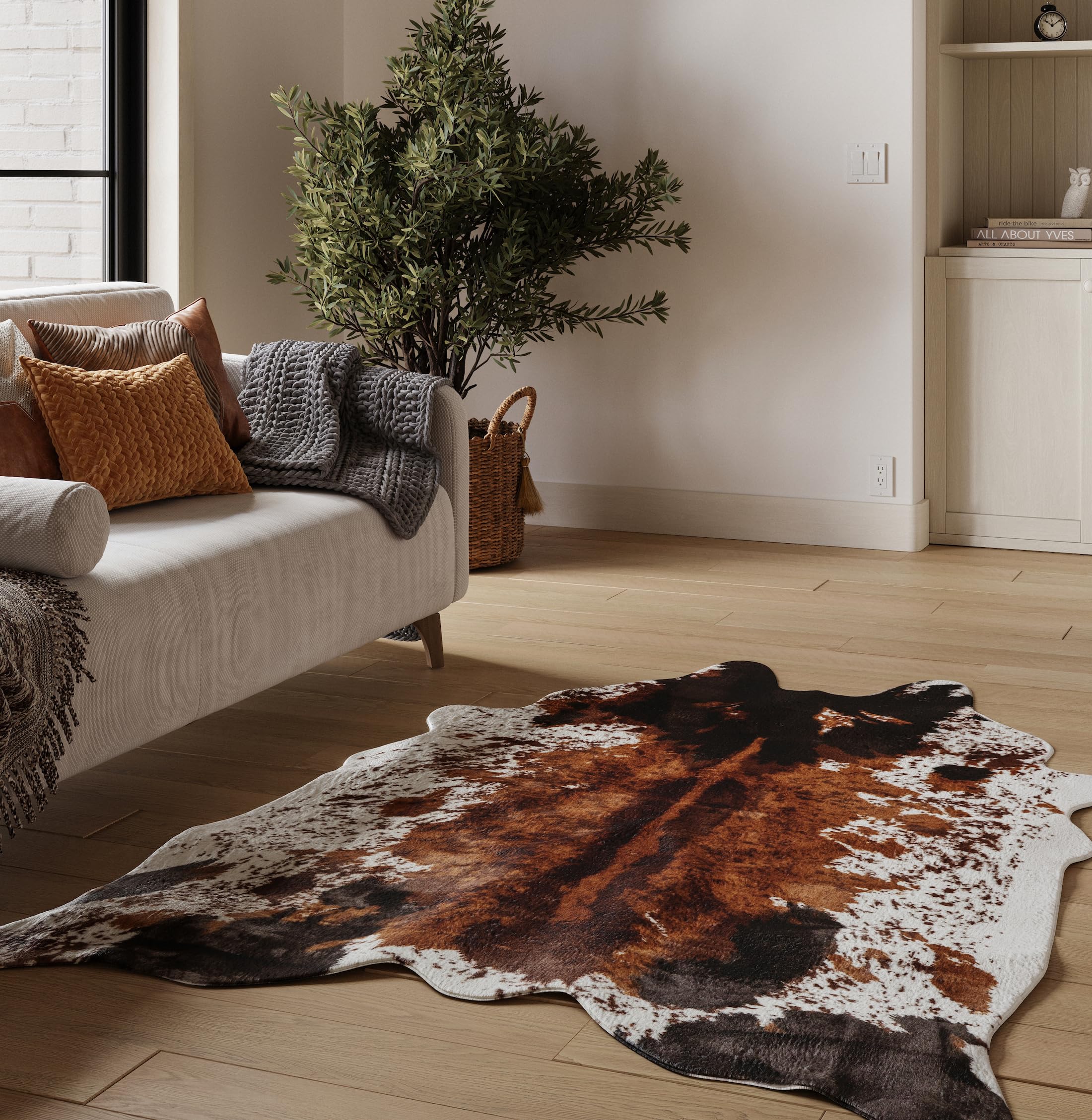 NativeSkins Faux Cowhide Rug – Earthy Browns (Oversized) | 6.2ft x 8.2ft | Triple-Layer Support | Ultra-Soft Pile | Hand-Cut, Faux Suede No-Slip Backing | Western Rug | Cow Hide Animal Print Rug