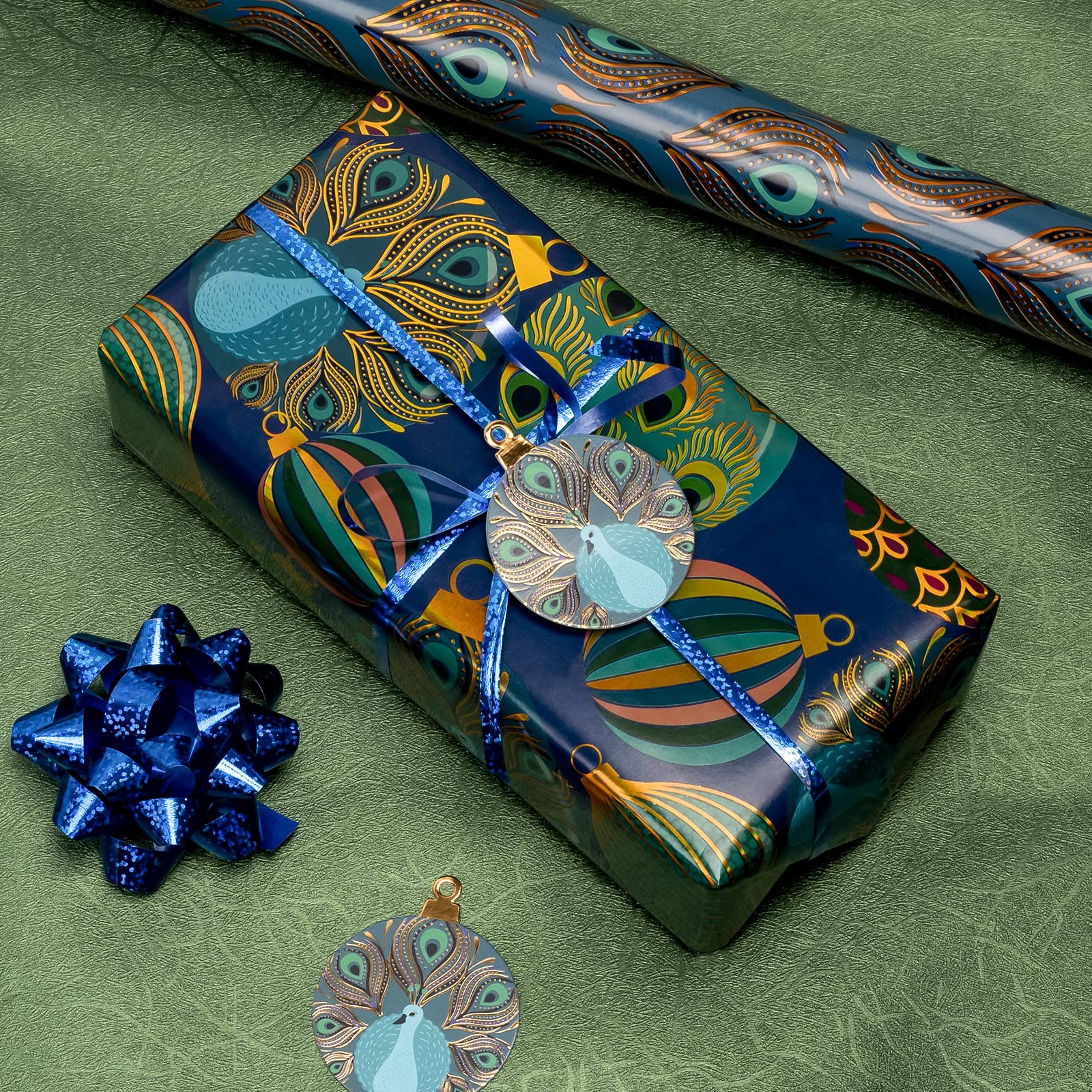 WRAPAHOLIC Peacock Christmas Wrapping Paper Roll - Green Peacock Elements Patterns with Metallic Foil Shine - 4 Rolls - 30 Inch x 120 Inch Per Roll