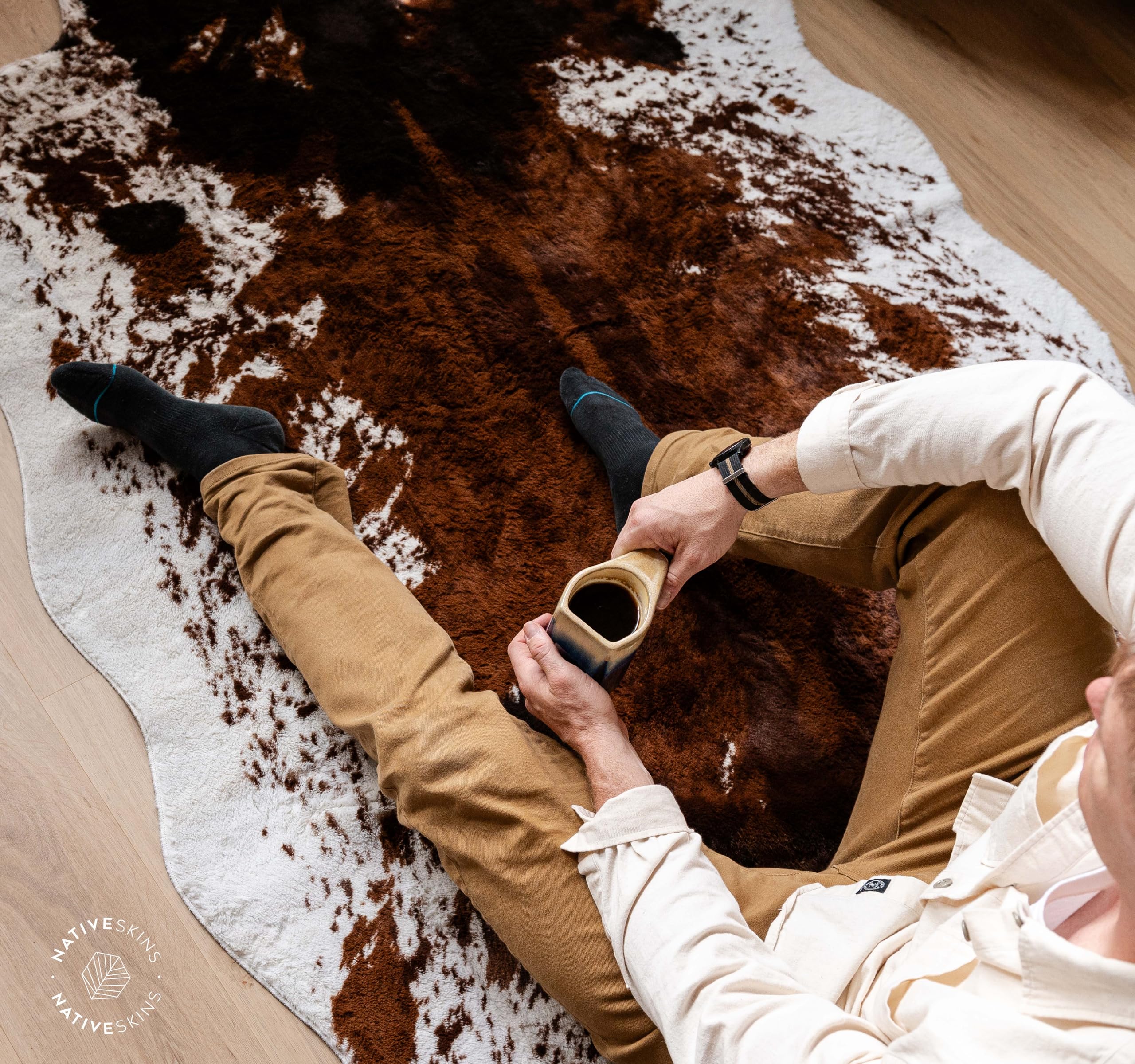 NativeSkins Faux Cowhide Rug – Earthy Browns (Oversized) | 6.2ft x 8.2ft | Triple-Layer Support | Ultra-Soft Pile | Hand-Cut, Faux Suede No-Slip Backing | Western Rug | Cow Hide Animal Print Rug