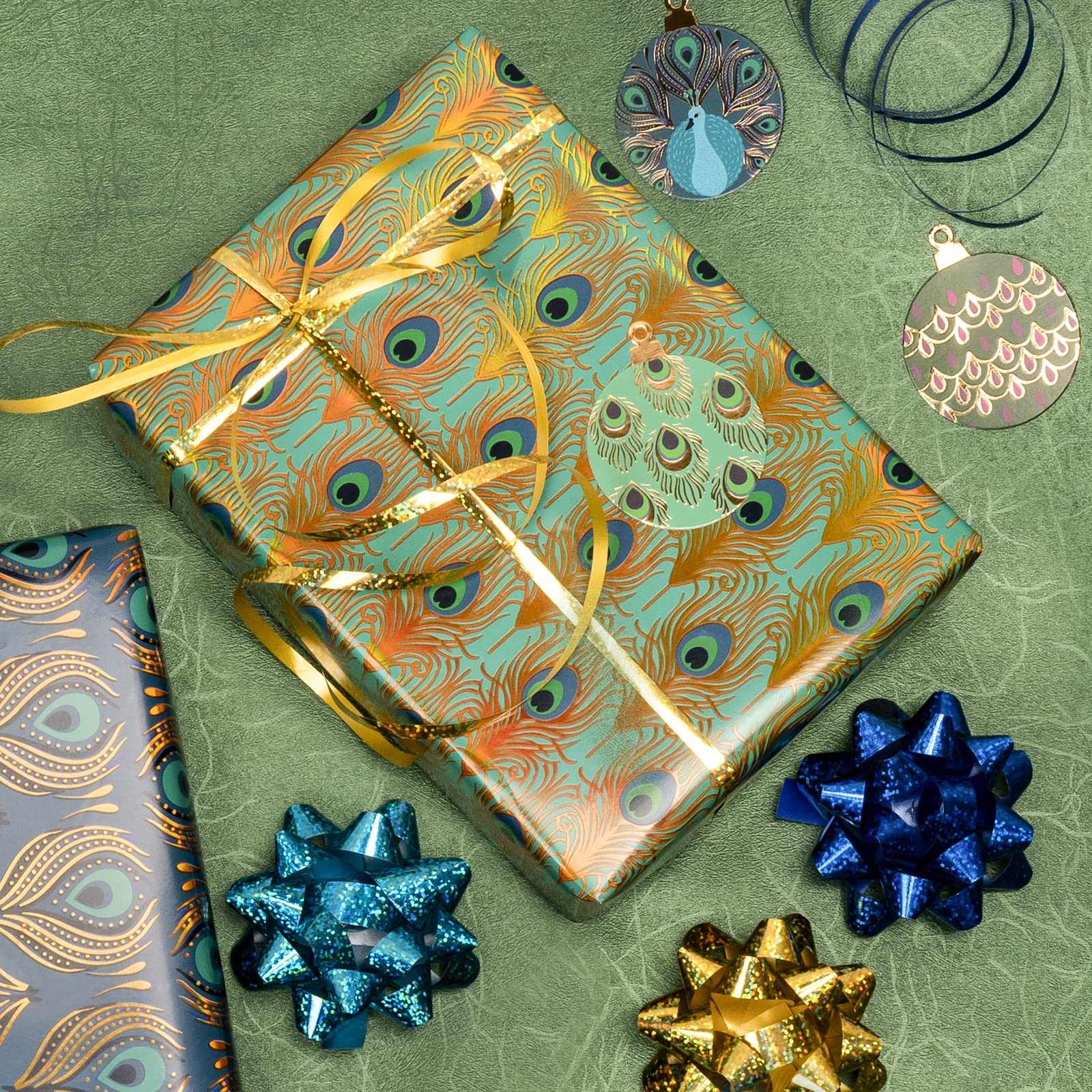 WRAPAHOLIC Peacock Christmas Wrapping Paper Roll - Green Peacock Elements Patterns with Metallic Foil Shine - 4 Rolls - 30 Inch x 120 Inch Per Roll